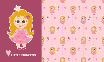 Little princess character and seamless pattern. Cute Girl with her tongue hanging out and long hair, unicorn toy, flowers and a heart on a pink background. Vector. Kids collection for design, textile
