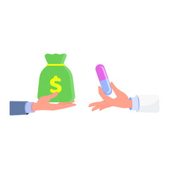 Hand with a tablet and a hand with a bag of money. Concept: selling a medicine, a lot of money for a medicine, paid treatment, a unique drug. Vector illustration, flat cartoon multicolored design.