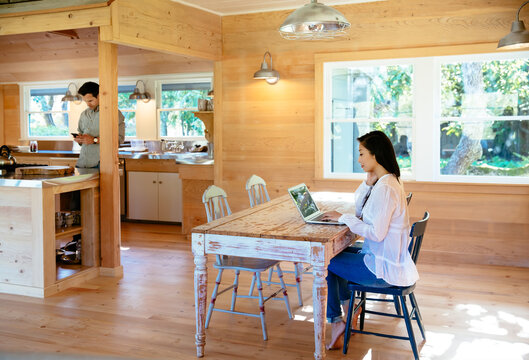 Multi-ethnic couple in modern farmhouse