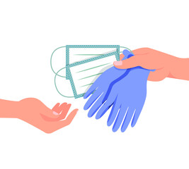 The hand gives protective equipment, medical masks and rubber gloves. Concept: the importance of preventing coronavirus infection, free distribution of coronavirus protection products. Vector isolated