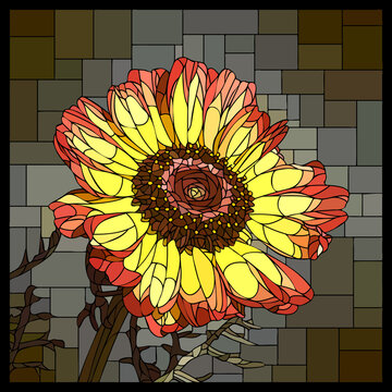 Vector square mosaic with blooming yellow tricolor chrysanthemum in stained glass window.