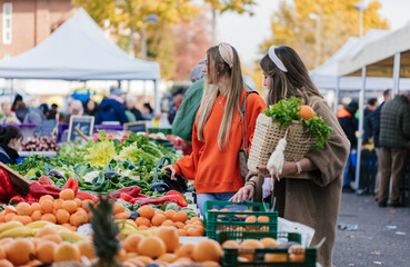 two friends shop at the market