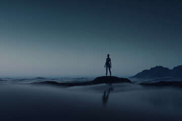 Sci-fi scene of cybor woman arriving on a new planet, to explore it.