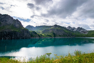 lake (lunersee) in the mountains (alps)