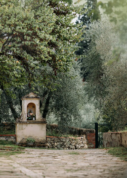 Votive spot with Holy Mary image amongst olive trees in Tuscany