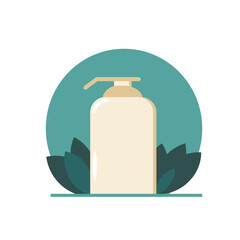 bottle of liquid soap on a background of leaves in a flat style. cosmetics, hygiene, skin care, hand washing. icon sticker, poster