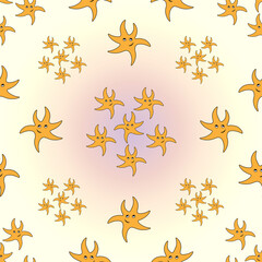Fototapeta na wymiar Dancing hand drawn starfish orange seamless pattern