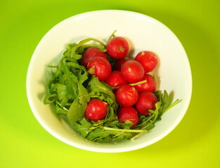 Radish and arugula on a green background  