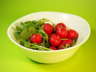 Radish and arugula on a green background