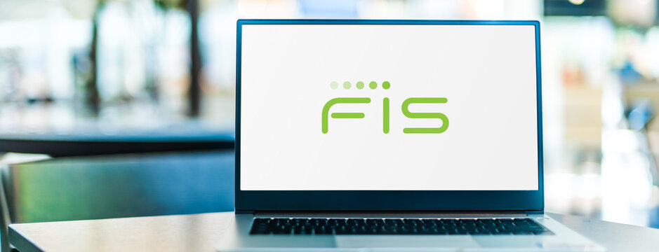 Laptop computer displaying logo of FIS