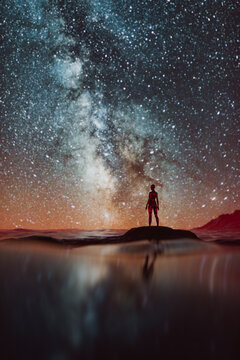 Sci-fi scene of cybor woman arriving on a new planet, to explore it.