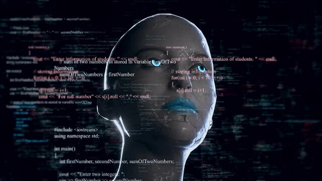 Humanoid Android Robot With Artificial Intelligence Reading Programming Codes 4K