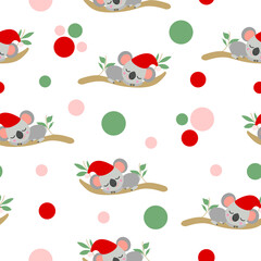 Seamless pattern with koala babies in red Christmas hats sleeping on eucalyptus branches. White background. Pink, red and green round confetti. Post cards, textile, wallpaper and wrapping paper
