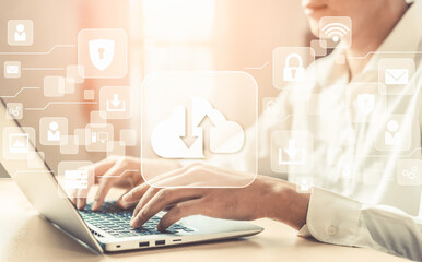 Cloud computing technology and online data storage for global data sharing. Computer connects to...