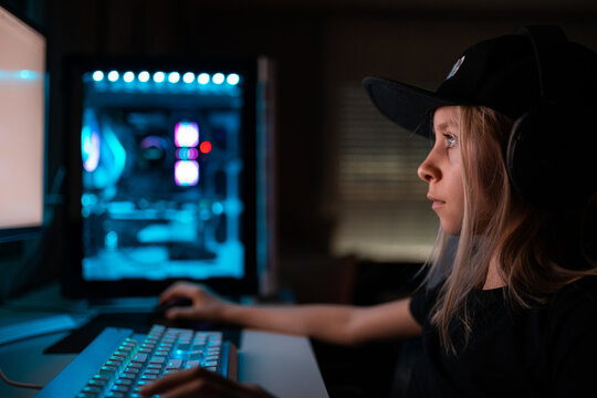 Gamer Girl Playing On The Computer, At Home.