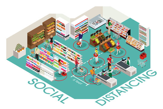 People Social Distancing in Grocery Store Illustration