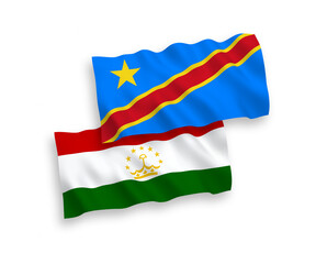 Fototapeta premium National vector fabric wave flags of Tajikistan and Democratic Republic of the Congo isolated on white background. 1 to 2 proportion.
