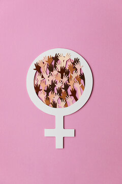 Women Of All Races Together Inside Female Symbol On Pink