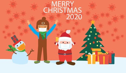  Snowman with Christmas and New Year 2020 party in Christmas eve, Merry Christmas and Happy New Year