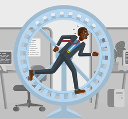 A stressed and tired looking black businessman in office running as fast as he can in hamster wheel to keep up with his workload or compete. Business concept illustration in flat modern cartoon style