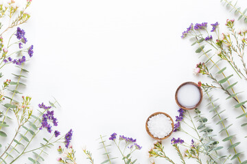 Bio herbal green cosmetic arrangement, sea salt and handmade cosmetic.