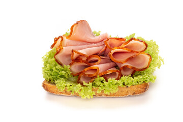 Sandwich with ham sausage on white background.