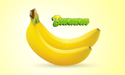 Two banana fruit isolated on bright yellow background. Realistic vector illustration.