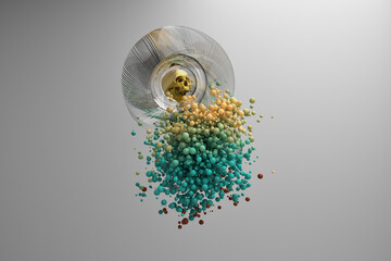 Abstract 3d illustration where a golden skull appears inside a glass sphere, surrounded by particles.