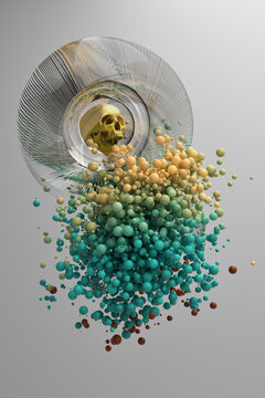 Abstract 3d illustration where a golden skull appears inside a glass sphere, surrounded by particles.