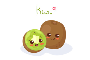 Kawaii vector illustration of Kiwi characters - whole & sliced. Healthy exotic food characters isolated on white background with lettering. Use for children menu, print, smoothie, juice package.