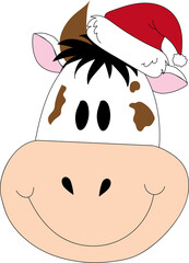 The symbol of the year is a hand-drawn (cartoon) white bull with brown spots in a santa claus hat.