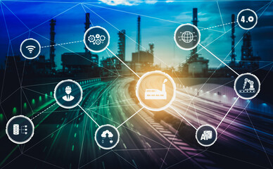 Industry 4.0 technology concept - Smart factory for fourth industrial revolution with icon graphic showing automation system by using robots and automated machinery controlled via internet network .