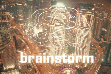 Double exposure of start up theme drawings over cityscape background. Concept of success.