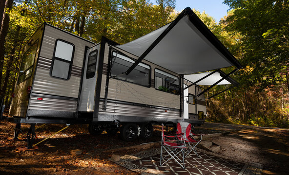Travel trailer set up for camping at Falls Lake NC