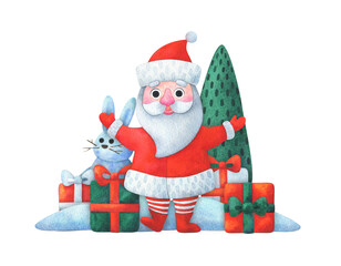 Santa Claus delivers gifts through the chimney. Christmas illustration in cartoon style Christmas watercolor illustration isolated on a white background
