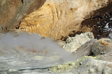 Mutnovsky volcano. Steaming fumaroles in the crater of the active volcano