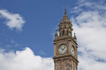 Fototapeta na wymiar Belfast Clock tower. Prince Albert Memorial Clock at Queen's Square in Belfast, Northern Ireland.
