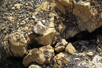 Mutnovsky volcano. Broken down into pieces of yellow-brown stone in the crater of the active volcano