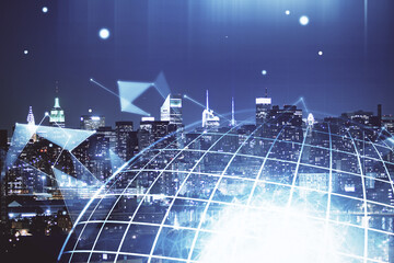 Map and data theme hologram on city view with skyscrapers background double exposure. International technology in business concept.