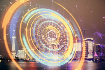 Double exposure of technology theme hologram and cityscape background. Concept of Hightech.