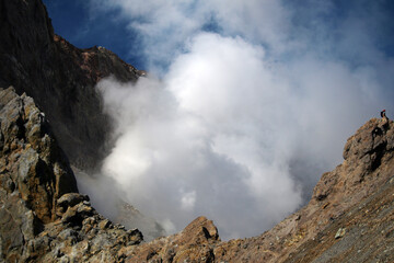 Mutnovsky volcano. Steaming small crater of the active volcano