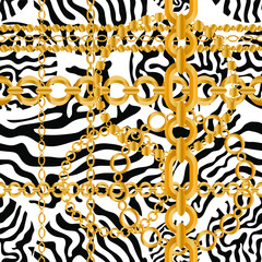 Seamless pattern decorated with precious stones, gold chains and pearls.	