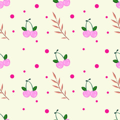 Seamless pattern with cherry, branch with leaves and circles. Pink cherry or cherry berries in an endless pattern. Vector illustration..