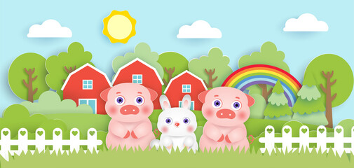 Scene with cute farm animals in the farm  paper cut style.