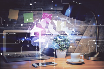 Double exposure of desktop computer and human brain drawing hologram. Ai concept.
