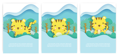 Baby shower cards with cutetiger in the autumn forest  paper cut style.
