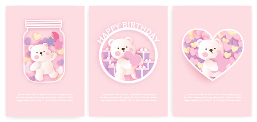 Fototapeta na wymiar Set of baby shower cards and birthday cards with cute bear .