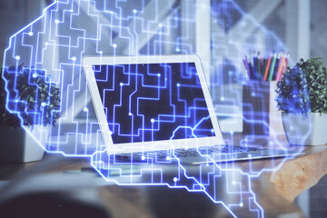 Double exposure of desktop computer and human brain drawing hologram. Ai concept.