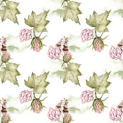 watercolor pink flowers and green leaves hand drawn on white seamless background, for use in design, textiles, wrapping paper, stationery, wallpaper