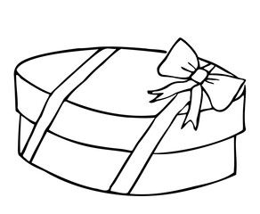 Oval gift box. Tied with ribbon, with a ribbon bow on the lid on top.Contour drawing by hand, vector.